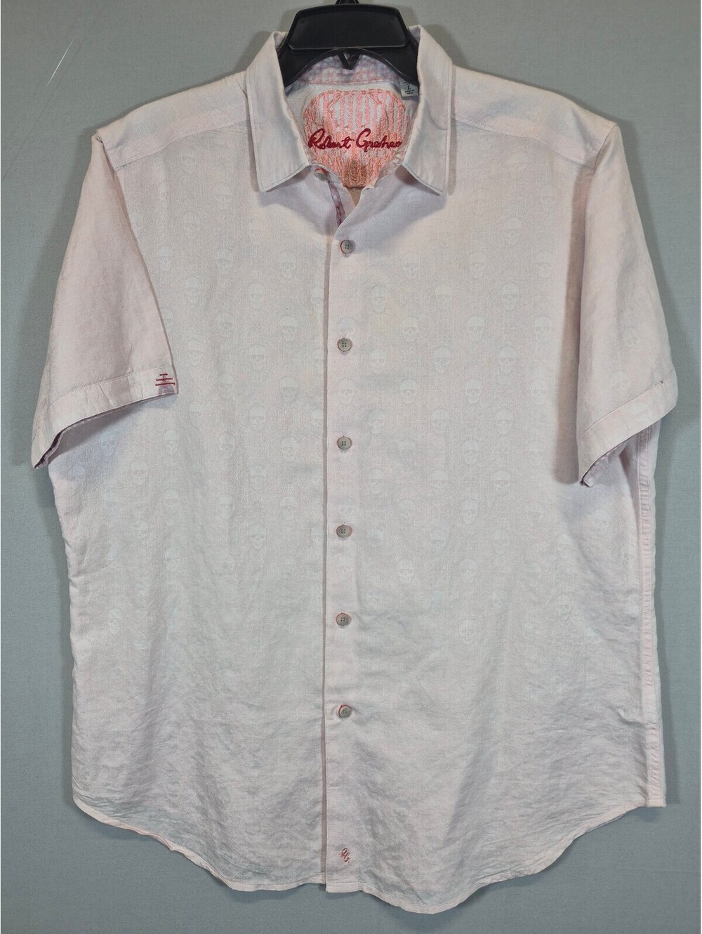 Robert Graham Menβs L Pink Skull Jacquard Short Sleeve Button Up Flip Cuff Shirt